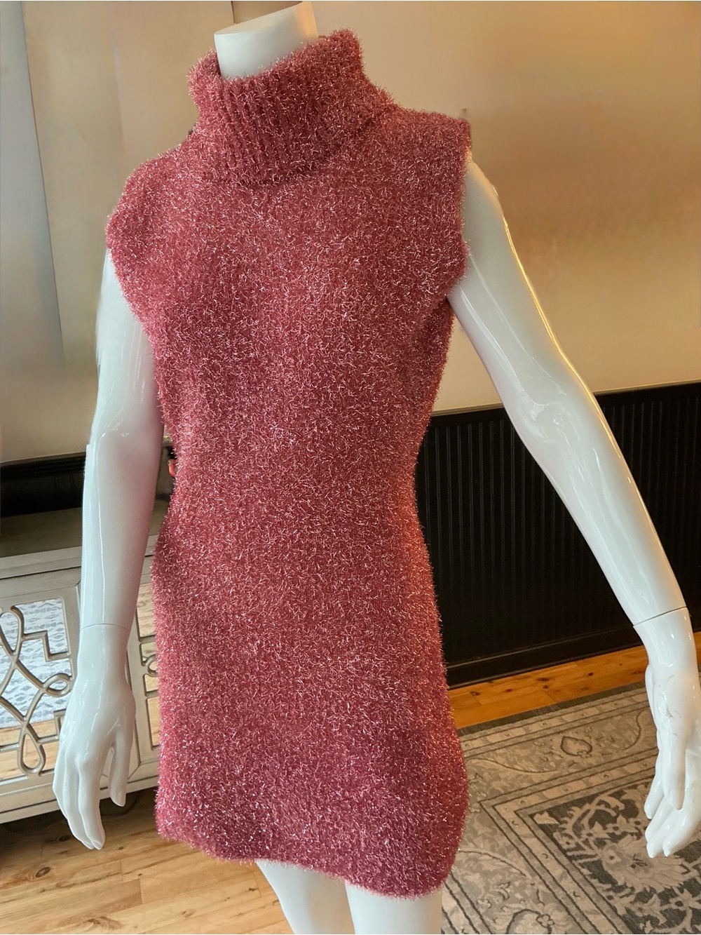 AKIRA Shimmery Tinsel PINK Stretch Mini Dress Bodycon Sleeveless Metallic SZ LG